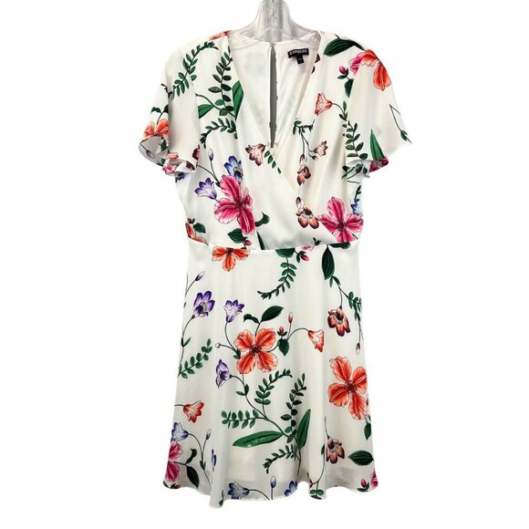 Express Short Sleeve Surplice A-Line Dress White/Multi Floral Size 8 Above Knee - Picture 1 of 9